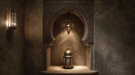 This image features beautiful Moroccan lanterns artistically displayed in a carved alcove, illuminated with a warm glow, creating a serene and inviting atmosphere.の素材