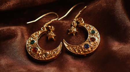 Captivating gold crescent moon earrings featuring colorful gemstones and intricate detailing, perfect for adding a touch of elegance to any outfit.の素材