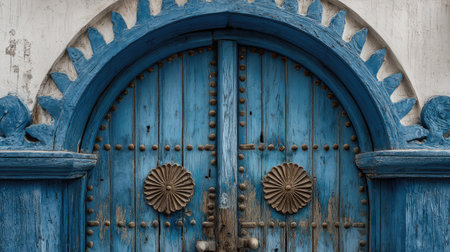 A captivating blue wooden door showcasing intricate details and a weathered finish, perfect for representing traditional architecture and historic charm.の素材