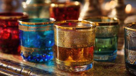 This image features a collection of vibrant glass cups adorned with intricate patterns, reflecting warm light in a serene atmosphere. Ideal for decoration and culture.の素材