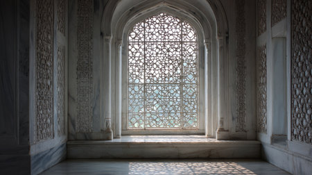This stunning image captures a beautifully designed window in a historic building, featuring intricate patterns and soft natural light, creating a serene atmosphere.の素材