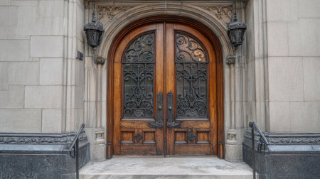 This image features ornate wooden double doors with intricate metalwork, showcasing classic architectural design in an urban environment.の素材