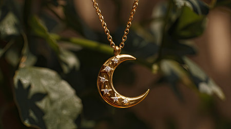 This captivating gold crescent moon necklace adorned with shimmering gems exudes elegance, perfectly complementing nature's beauty in a soft-focus background.の素材