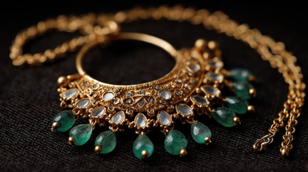 A stunning close-up view of an intricate gold necklace featuring vibrant emerald and diamond accents, presenting an elegant and luxurious accessory.の素材