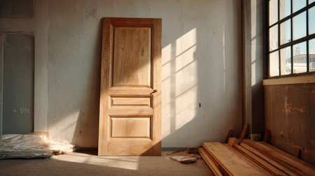 A stunning wooden door is showcased in a sunlit room, emphasizing natural light and rustic elements, perfect for renovation and design projects.の素材