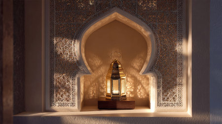 A beautifully crafted lantern casts a warm glow, enhancing the intricate wall pattern in an artistic interior. This serene scene invites relaxation and charm.の素材