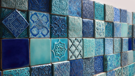This image showcases a stunning array of decorative ceramic tiles in various shades of blue, featuring intricate patterns and textures. Perfect for inspiration in interior design.の素材