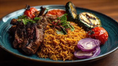 A beautifully arranged plate featuring grilled lamb chops served with spicy rice, seasonal vegetables, and garnished with fresh herbs, ideal for gourmet dining.の素材