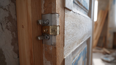 A close-up view of a door lock mechanism showcases intricate details and quality craftsmanship in a rustic interior. Perfect for home design and renovation themes.の素材