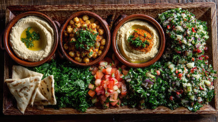 A vibrant and colorful traditional Middle Eastern platter featuring hummus, chickpeas, tabouli, fresh vegetables, and flatbread, ideal for sharing.の素材