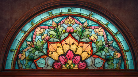 This stunning stained glass window features intricate floral patterns and vibrant colors, creating a captivating design that enhances any interior space with artistic flair.の素材