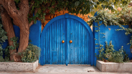 A striking image featuring beautiful blue wooden doors surrounded by lush greenery, complemented by vibrant walls, perfect for serene outdoor settings.の素材