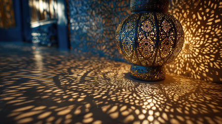 Explore the enchanting beauty of an intricate lantern that casts mesmerizing shadows on the wall and floor, creating a warm and cozy atmosphere.の素材