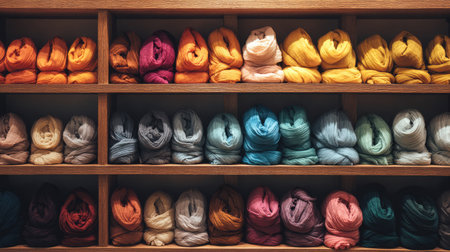 A vibrant collection of soft yarn bundles neatly arranged on a wooden shelf, ideal for inspiring crafting, knitting, and creative hobbies. Perfect for a cozy atmosphere.の素材