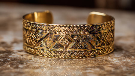 A beautifully crafted gold bracelet featuring intricate patterns and detailed engravings, ideal for jewelry displays, fashion shoots, and artistic photography.の素材