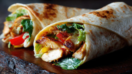 Indulge in a fresh grilled chicken wrap, packed with crisp lettuce, juicy tomatoes, and colorful peppers, all wrapped in a soft tortilla. Perfect for meals!の素材