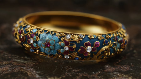 This elegant gold bangle showcases a vibrant floral design with colorful gems, perfect for jewelry collectors and fashion enthusiasts seeking unique pieces.の素材