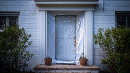 The image features a front door wrapped in protective plastic, indicating home renovation or construction. Two potted plants add a touch of greenery.の素材