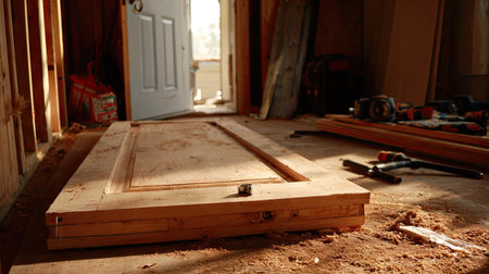 A wooden door rests on a wooden floor amid a construction zone, bathed in sunlight, showcasing tools and the process of home renovation.の素材