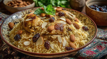 This vibrant image showcases a delicious chicken biryani, garnished with almonds and raisins, served in an ornate bowl on a rich tablecloth, evoking culinary traditions.の素材