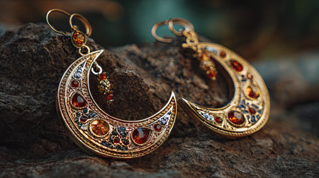 This stunning pair of intricate golden earrings showcases colorful gemstones beautifully set in a unique design, perfect for enhancing any outfit.の素材