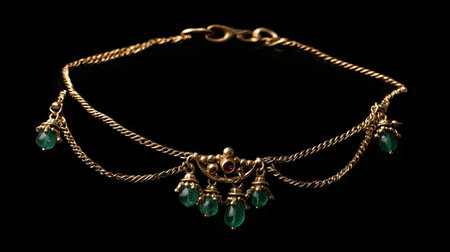 This stunning golden jewelry piece showcases intricate craftsmanship with elegant green gemstones. Perfect for enhancing any outfit with charm and richness.の素材