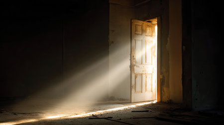 A captivating scene showcasing sunlight streaming through an open door in a dark room. The beams of light create a magical atmosphere, illuminating dust particles.の素材