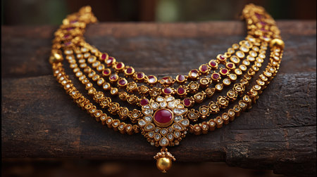 This stunning gold necklace features intricate designs adorned with rubies and diamonds, set against a rustic wooden background, capturing elegance and craftsmanship.の素材