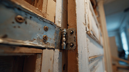 This close-up image captures a rusty door hinge affixed to a weathered wooden door. The soft lighting highlights the texture and character of the aged materials.の素材