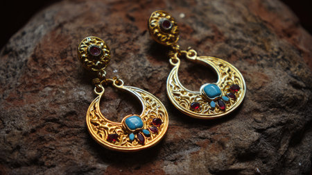 Stunning ornate golden earrings featuring intricate designs with turquoise and red gemstones, resting on a textured natural stone background.の素材