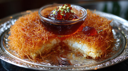 This mouthwatering dessert features golden, crispy layers enveloping a creamy center, topped with pistachios and served with syrup, creating a feast for the senses.の素材