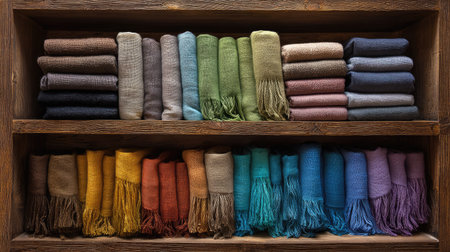 A visually appealing arrangement of colorful scarves neatly displayed on a wooden shelf. The soft textures and hues create a warm, inviting atmosphere, perfect for a boutique setting.の素材
