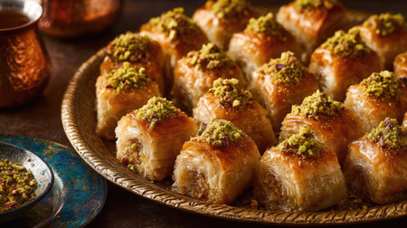 A beautifully arranged platter of golden baklava topped with crushed pistachios, perfect for gatherings or special occasions, showcasing rich flavors and textures.の素材