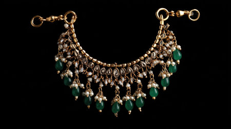 This beautiful gold necklace features intricate designs with green gemstones and white pearls. Perfect for showcasing elegance and luxury in fashion.の素材