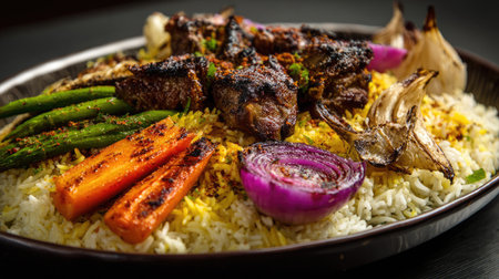 A vibrant platter showcasing grilled meat alongside fresh vegetables and spiced rice, perfect for showcasing culinary artistry and flavor diversity.の素材
