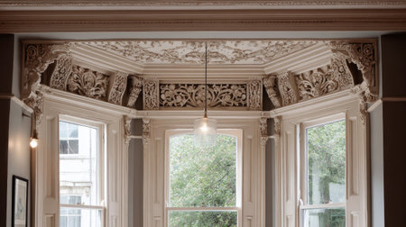 Discover the stunning elegance of a Victorian interior featuring intricate ceiling designs and large windows, allowing soft natural light to illuminate the space.の素材