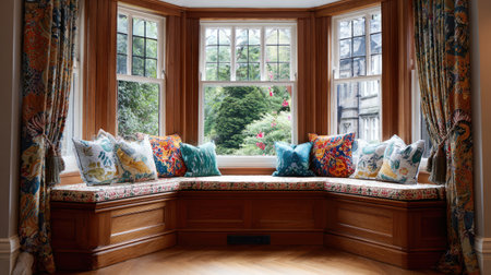 A cozy bay window seat adorned with colorful cushions offers a serene view of a lush green garden. The natural light enhances the inviting atmosphere, creating a perfect relaxation spot in any home.の素材