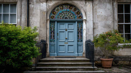 A charming blue door with intricate stained glass and stone surroundings, complemented by lush greenery and inviting steps leading to a historical entrance.の素材