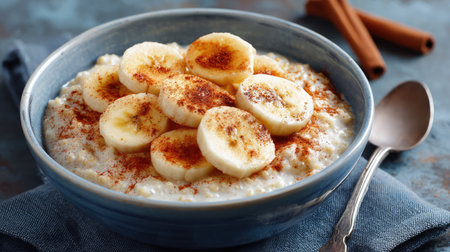 A cozy bowl of warm oatmeal featuring sliced bananas and a sprinkle of cinnamon, perfect for a healthy breakfast or a comforting start to the day.の素材