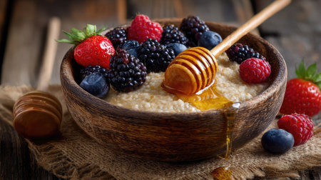 A warm bowl of oatmeal topped with a colorful mix of fresh berries and drizzled with honey, perfect for a nutritious breakfast or snack.の素材