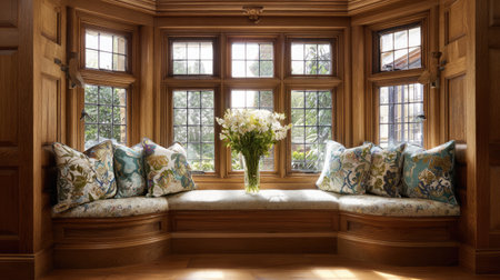 This inviting window seat features plush floral cushions and a charming vase of fresh flowers, creating a tranquil atmosphere filled with natural light.の素材