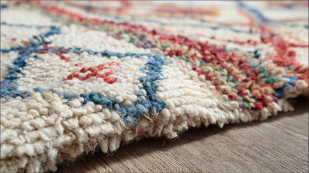 A close-up view of a vibrant vintage carpet showcasing intricate patterns and detailed weaving, perfect for enhancing interior decor with warmth and charm.の素材