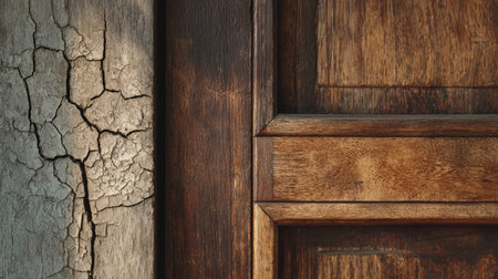 This image showcases a close-up view of a beautifully textured wooden door featuring intricate grain patterns and cracked paint. The rich brown hues and weathered appearance highlight the door's rustic charm and classic design.の素材