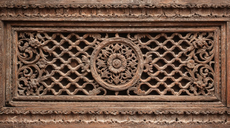 Captivating image of intricate wooden carving featuring floral and geometric patterns on an antique door panel, showcasing exceptional craftsmanship.の素材