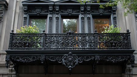 This image showcases an elegant balcony adorned with intricate ironwork and vibrant greenery, highlighting the beauty of urban architecture.の素材