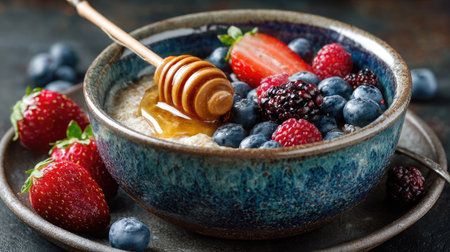 A beautifully arranged breakfast bowl featuring creamy oats topped with fresh berries, honey, and vibrant strawberries, perfect for a healthy start to the day.の素材
