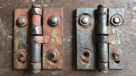 This image features a detailed comparison of two vintage hinges, showcasing their rusty textures and wear on a wooden surface. Perfect for design projects.の素材