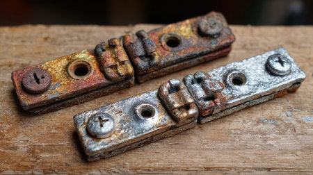 This image showcases a pair of contrasting metal hinges, one rusty and one polished, resting on a wooden surface. The unique texture and color create an interesting visual appeal.の素材