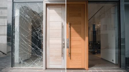 This image showcases a striking contrast between a shattered glass door and a sleek wooden entrance, highlighting themes of modern architecture and design.の素材