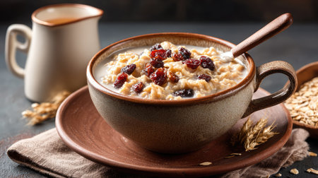 A warm bowl of creamy oatmeal garnished with dried fruits, accompanied by a small pitcher of milk, set against a rustic table for a cozy breakfast experience.の素材